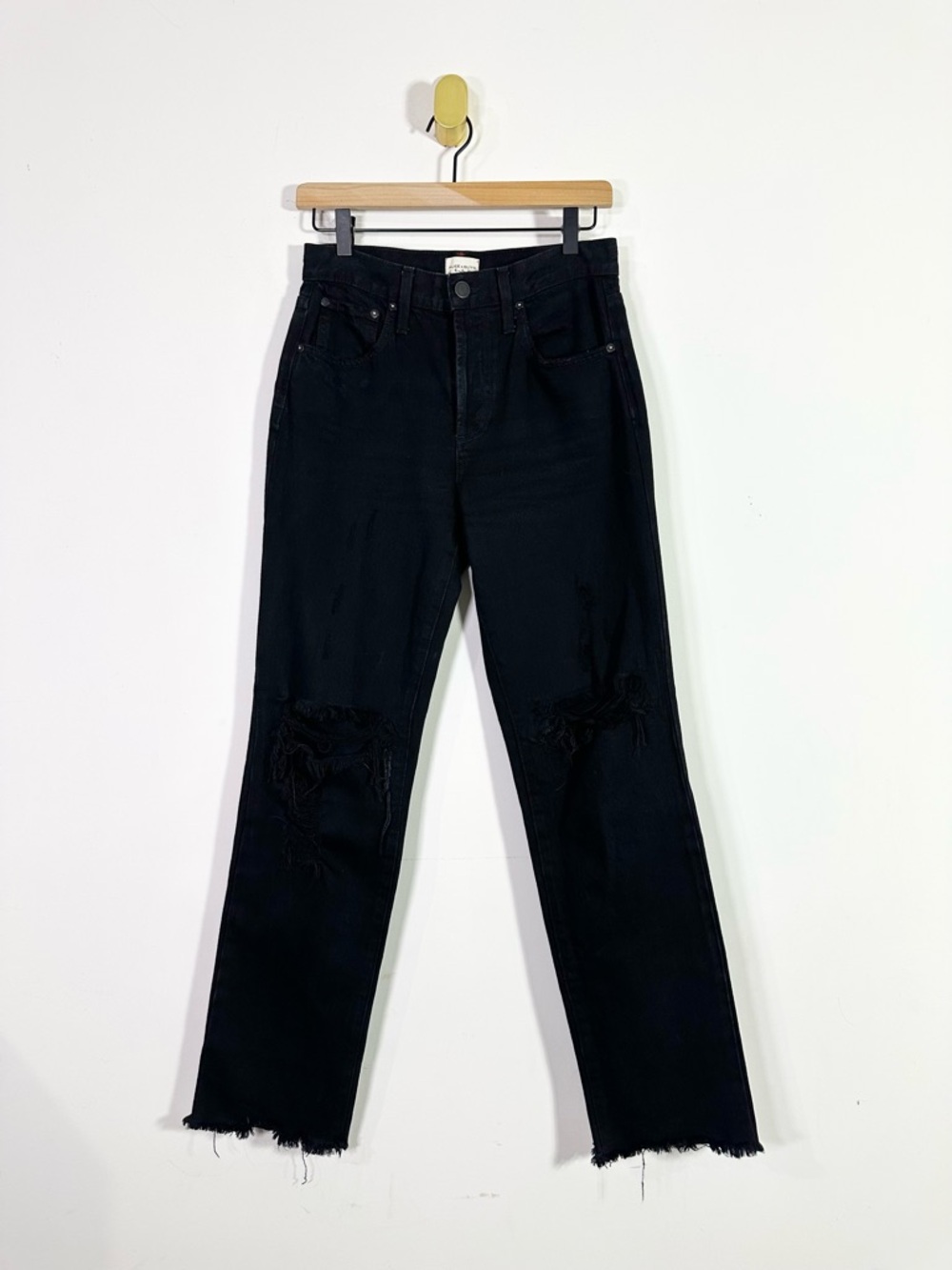 Alice + Olivia Black Straight Leg High Rise Distressed Jeans